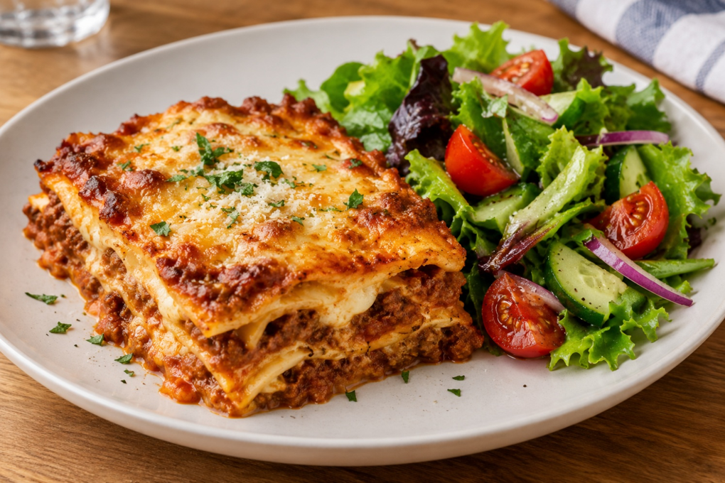 Ai-billede af et stykke lasagne med salat p&aring; en tallerken.